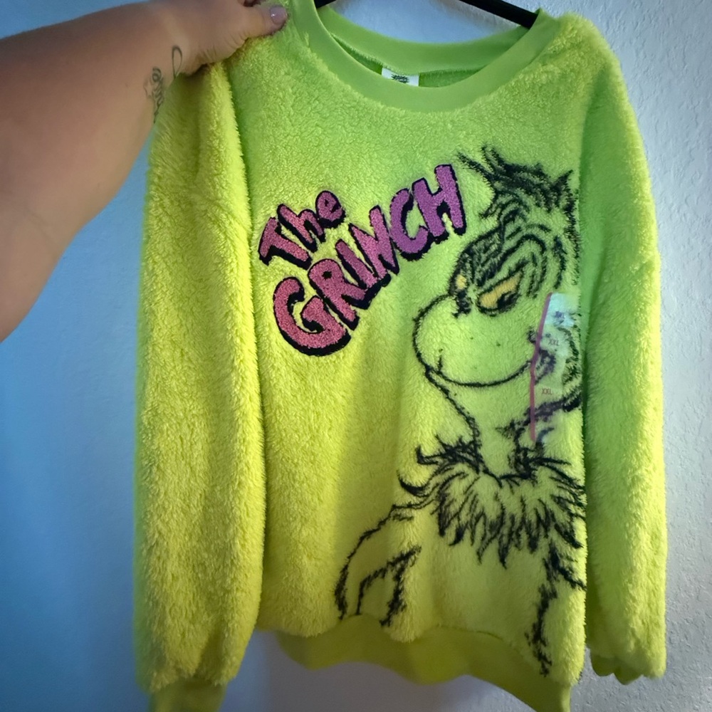 Target Neon Green The Grinch Plush Fleece Crewneck Sweater